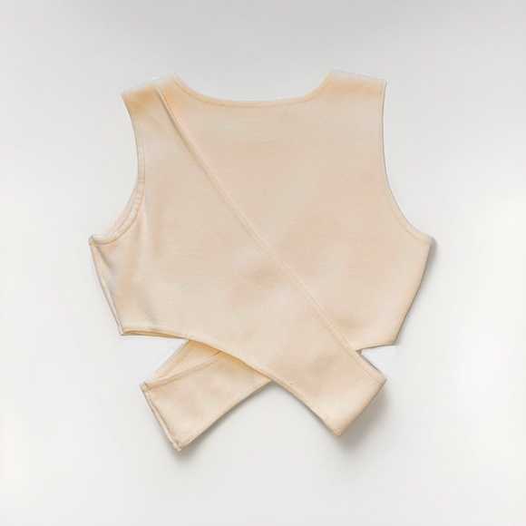 JONATHAN SIMKHAI LIGHT PEACH KNIT CUT OUT CROSSOVER CROP TANK TOP - Picture 4 of 10